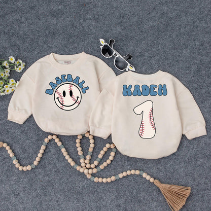 Personalized Baseball Baby Romper, Retro Game Day Outfit, Custom Kaden Number 1, Vintage Inspired Boy Clothes, First Birthday Shower Gift 135 char