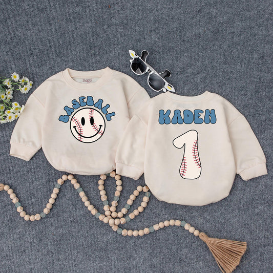 Personalized Baseball Baby Romper, Retro Game Day Outfit, Custom Kaden Number 1, Vintage Inspired Boy Clothes, First Birthday Shower Gift 135 char