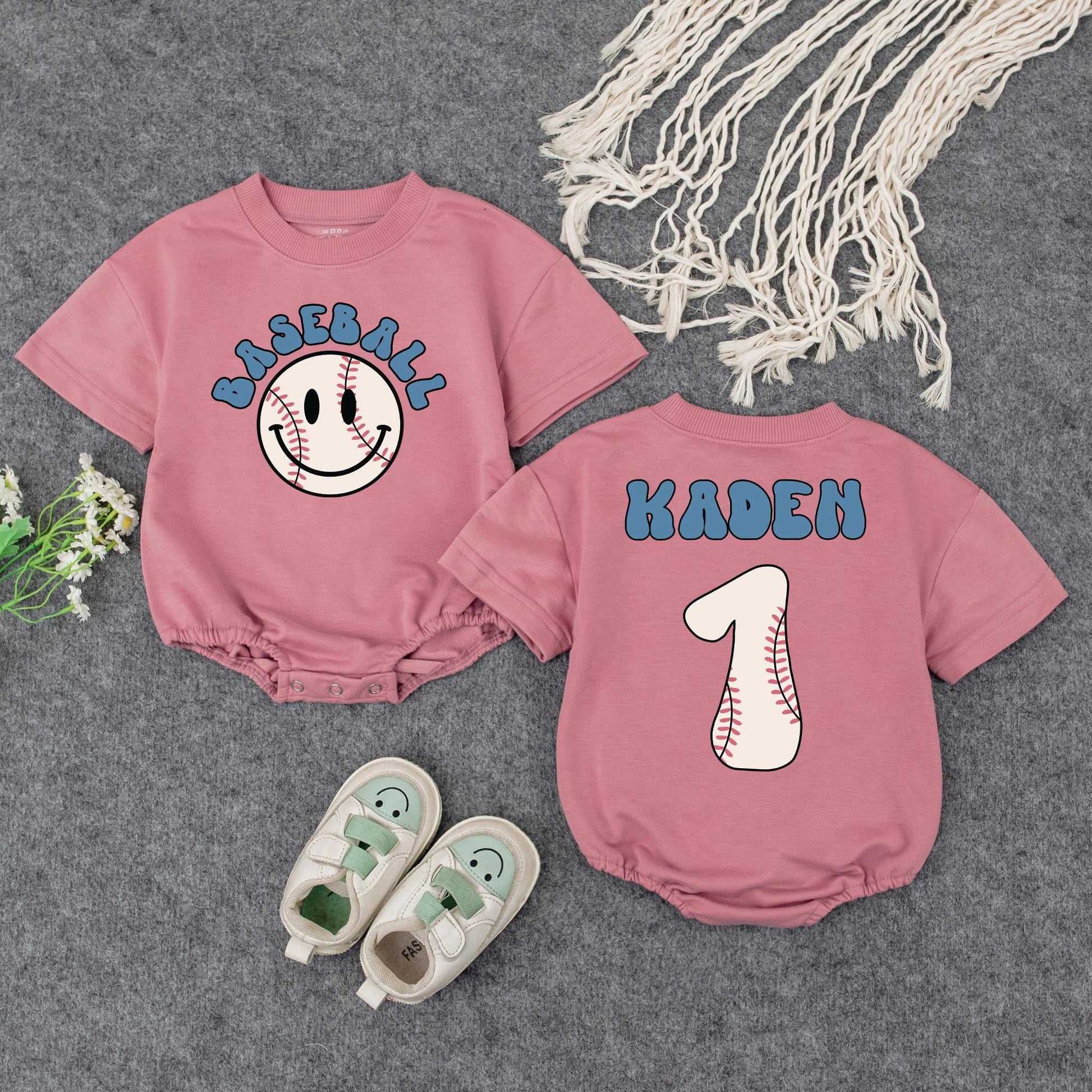Personalized Baseball Baby Romper, Retro Game Day Outfit, Custom Kaden Number 1, Vintage Inspired Boy Clothes, First Birthday Shower Gift 135 char
