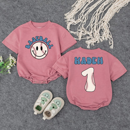 Personalized Baseball Baby Romper, Retro Game Day Outfit, Custom Kaden Number 1, Vintage Inspired Boy Clothes, First Birthday Shower Gift 135 char