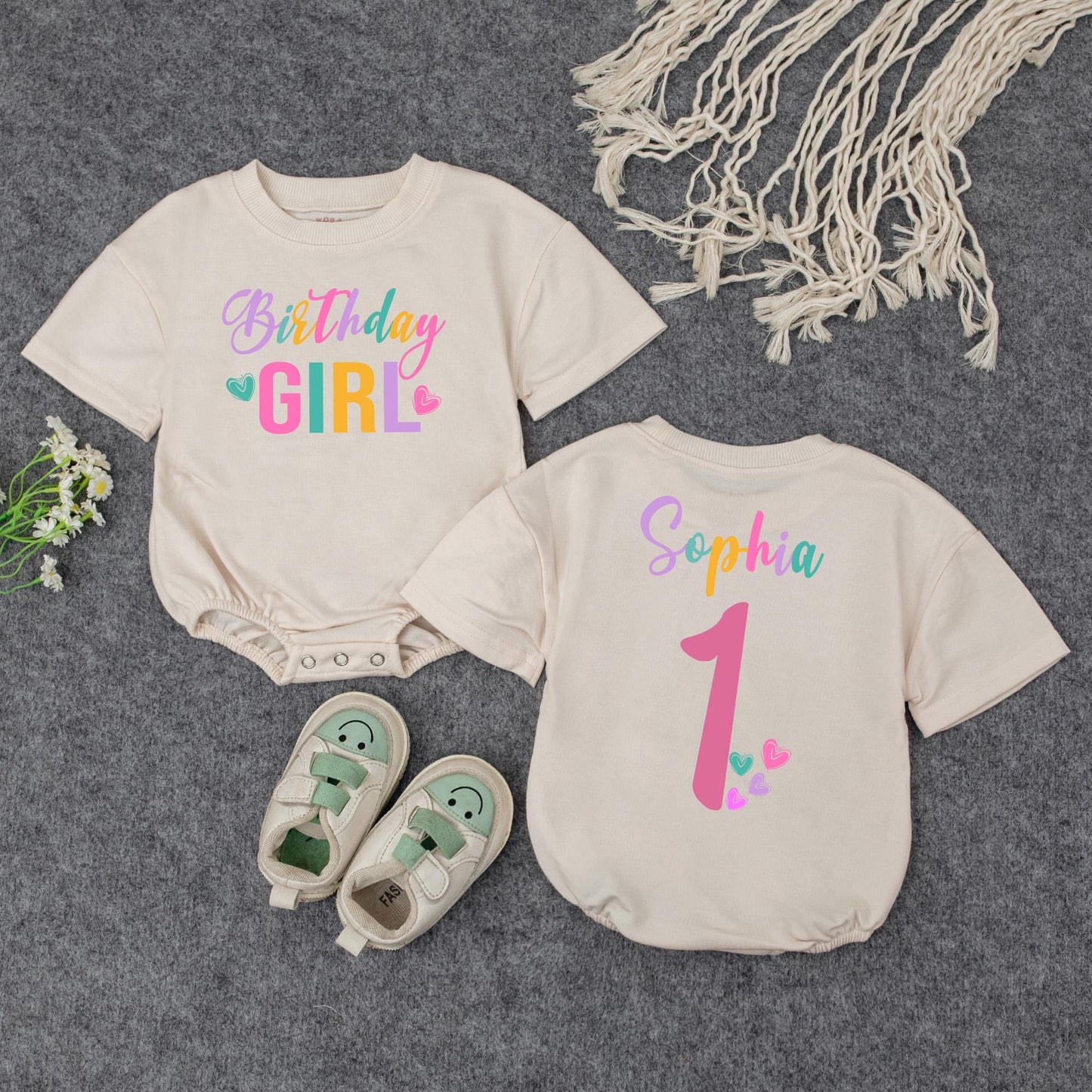 Personalized Birthday Girl Romper Set Sophia One Rainbow First Birthday Outfit Retro Style Baby Girl Clothes Custom Name 1st Birthday Outfit Gift Idea