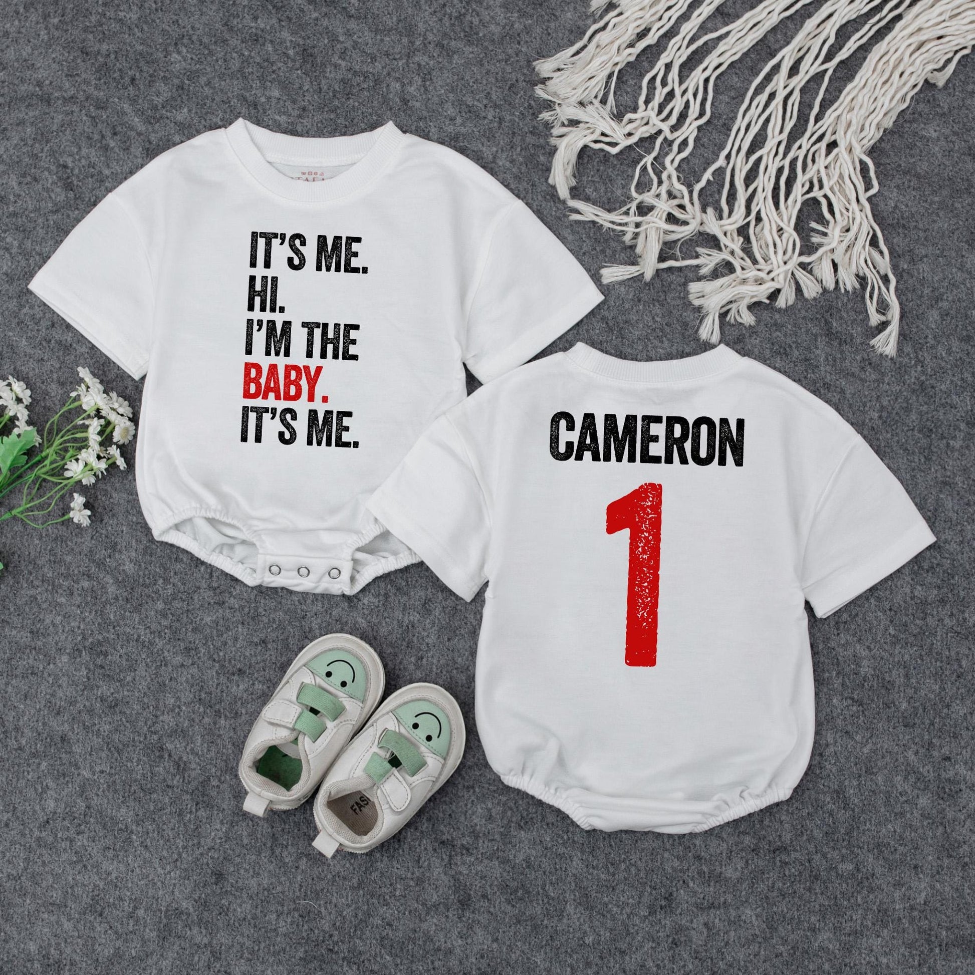 It's Me, Hi, Baby Romper & Personalized Name Bodysuit, Retro 1st Birthday Outfit, Funny Baby Shower Gift, Gender Neutral Clothes