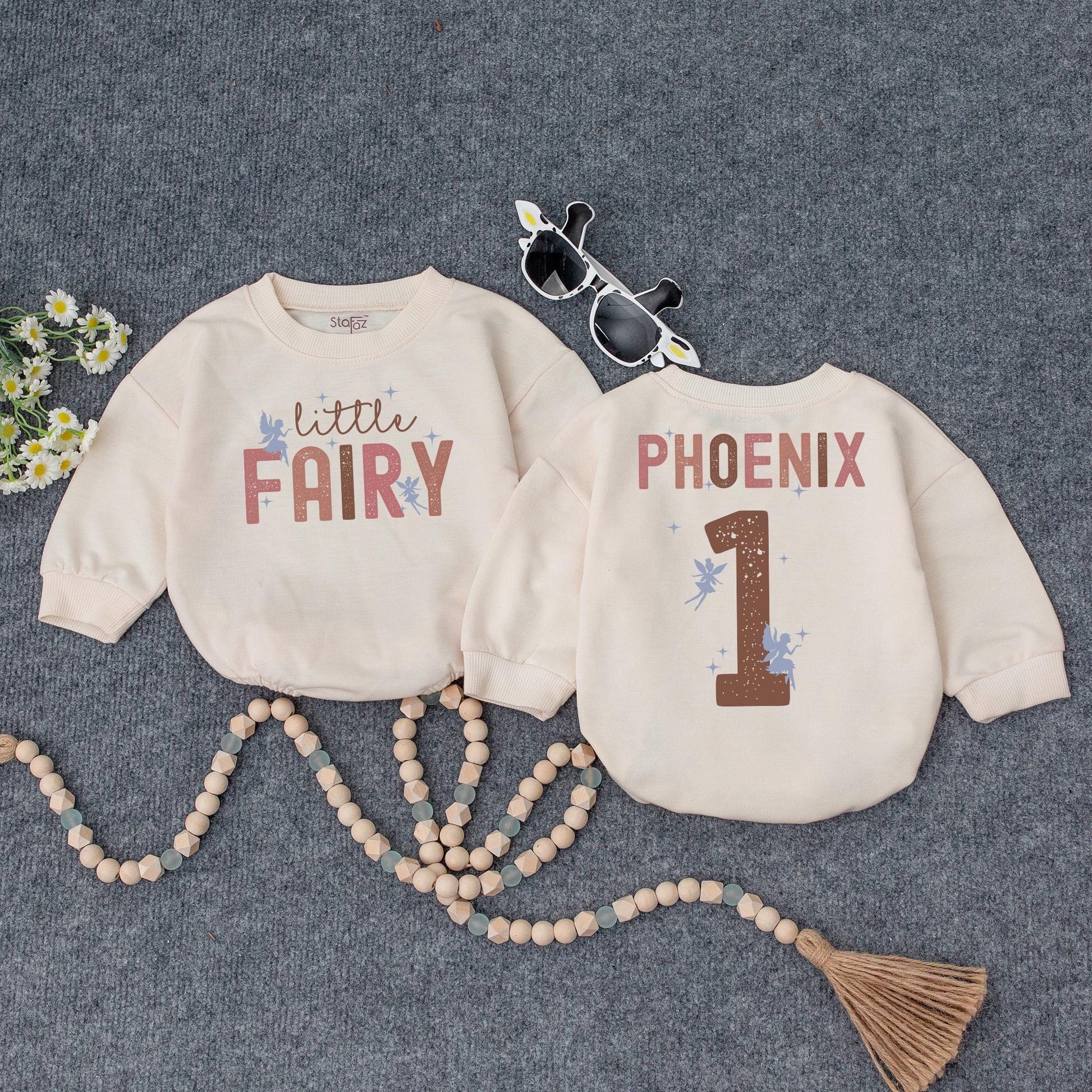 Retro Fairy Birthday Romper for Baby Girl Little Fairy Vintage Design Soft Pink Brown Blue Personalized First Birthday Outfit