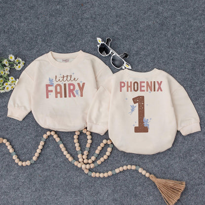 Retro Fairy Birthday Romper for Baby Girl Little Fairy Vintage Design Soft Pink Brown Blue Personalized First Birthday Outfit
