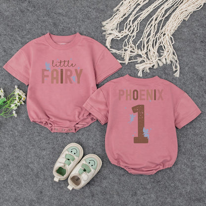 Retro Fairy Birthday Romper for Baby Girl Little Fairy Vintage Design Soft Pink Brown Blue Personalized First Birthday Outfit