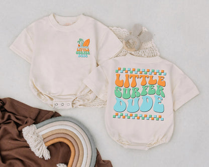 Little Surfer Dude Baby Romper Retro Beach Summer Outfit for Baby Boys, Cute Surf Clothes, Toddler Vacation Clothes, Bubble Romper