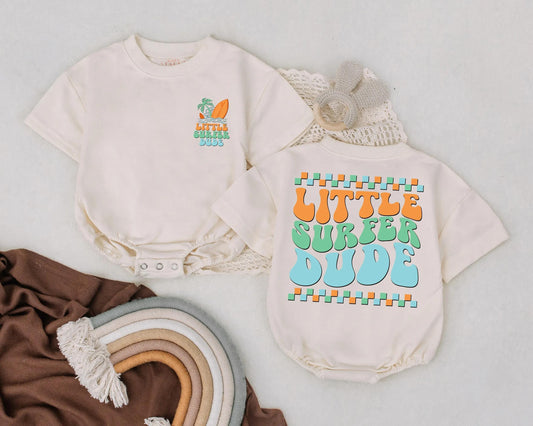 Little Surfer Dude Baby Romper Retro Beach Summer Outfit for Baby Boys, Cute Surf Clothes, Toddler Vacation Clothes, Bubble Romper