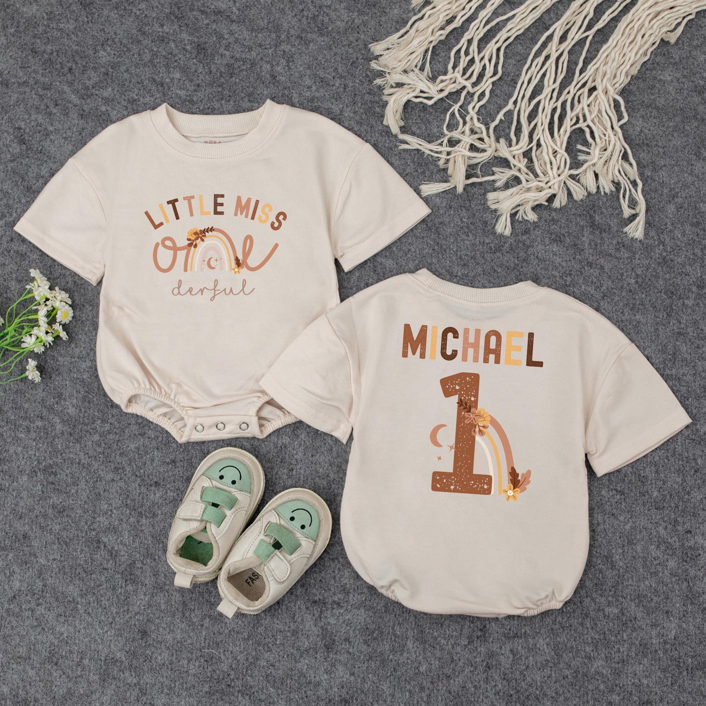 Little Miss One-derful Baby Romper First Birthday Outfit Rainbow Floral Design Custom Gift for Girl One Year Old, Soft & Comfy Cotton Bodysuit
