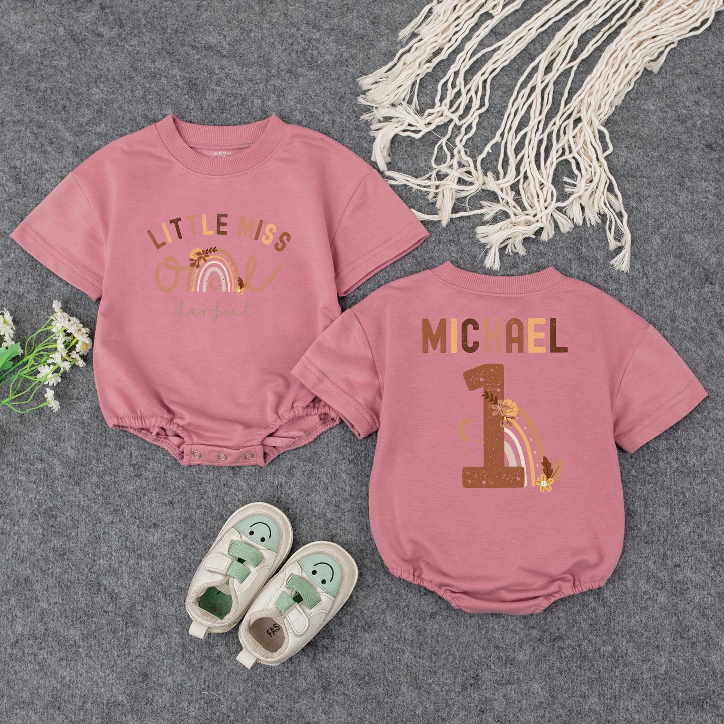 Little Miss One-derful Baby Romper First Birthday Outfit Rainbow Floral Design Custom Gift for Girl One Year Old, Soft & Comfy Cotton Bodysuit