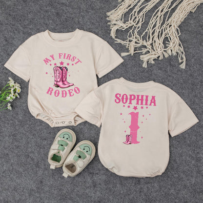 Custom First Rodeo Cowgirl Bubble Romper Pink Stars Cowboy Boots Birthday Outfit Baby Girl Clothes Retro Western