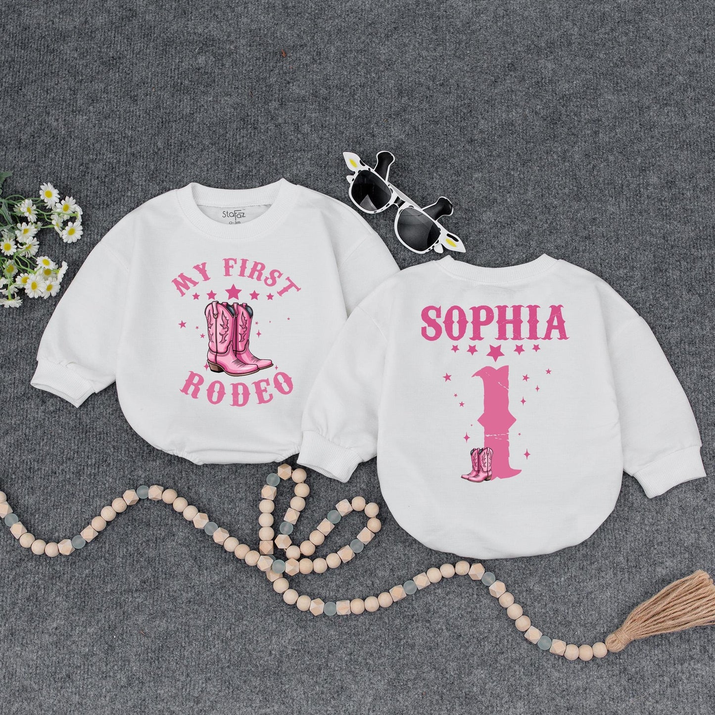 Custom First Rodeo Cowgirl Bubble Romper Pink Stars Cowboy Boots Birthday Outfit Baby Girl Clothes Retro Western