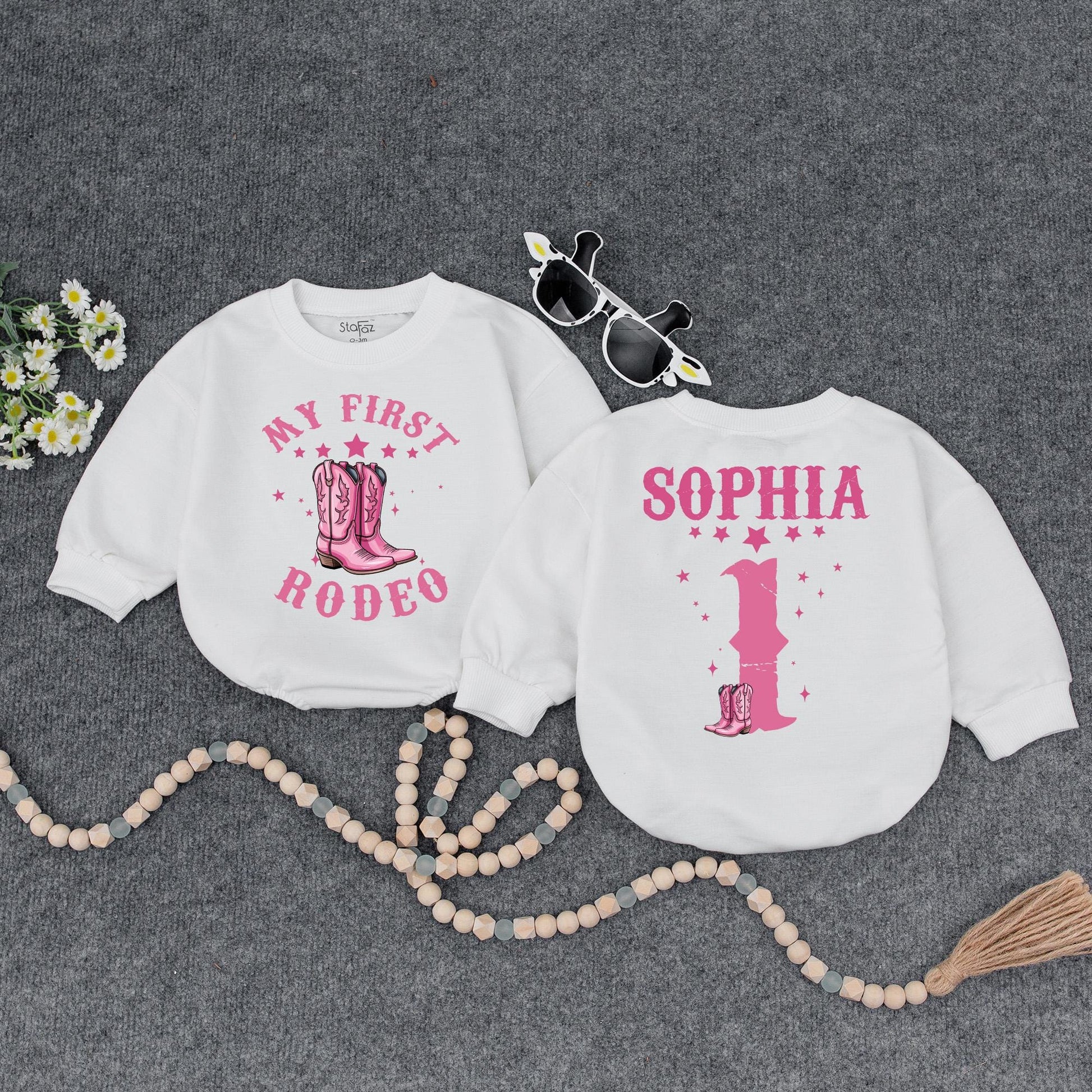 Custom First Rodeo Cowgirl Bubble Romper Pink Stars Cowboy Boots Birthday Outfit Baby Girl Clothes Retro Western
