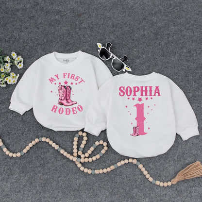 Custom First Rodeo Cowgirl Bubble Romper Pink Stars Cowboy Boots Birthday Outfit Baby Girl Clothes Retro Western