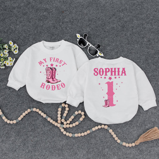 Custom First Rodeo Cowgirl Bubble Romper Pink Stars Cowboy Boots Birthday Outfit Baby Girl Clothes Retro Western