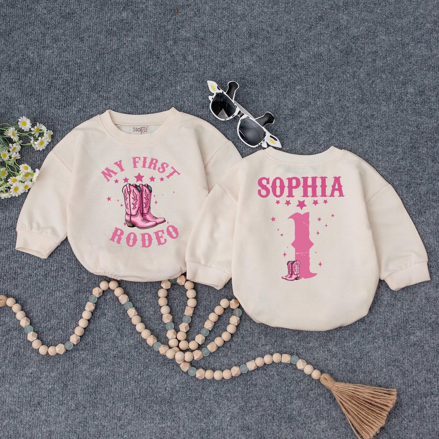 Custom First Rodeo Cowgirl Bubble Romper Pink Stars Cowboy Boots Birthday Outfit Baby Girl Clothes Retro Western