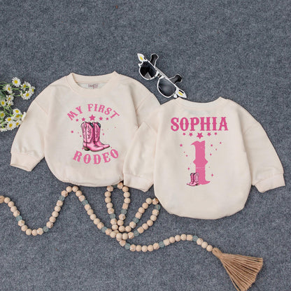Custom First Rodeo Cowgirl Bubble Romper Pink Stars Cowboy Boots Birthday Outfit Baby Girl Clothes Retro Western