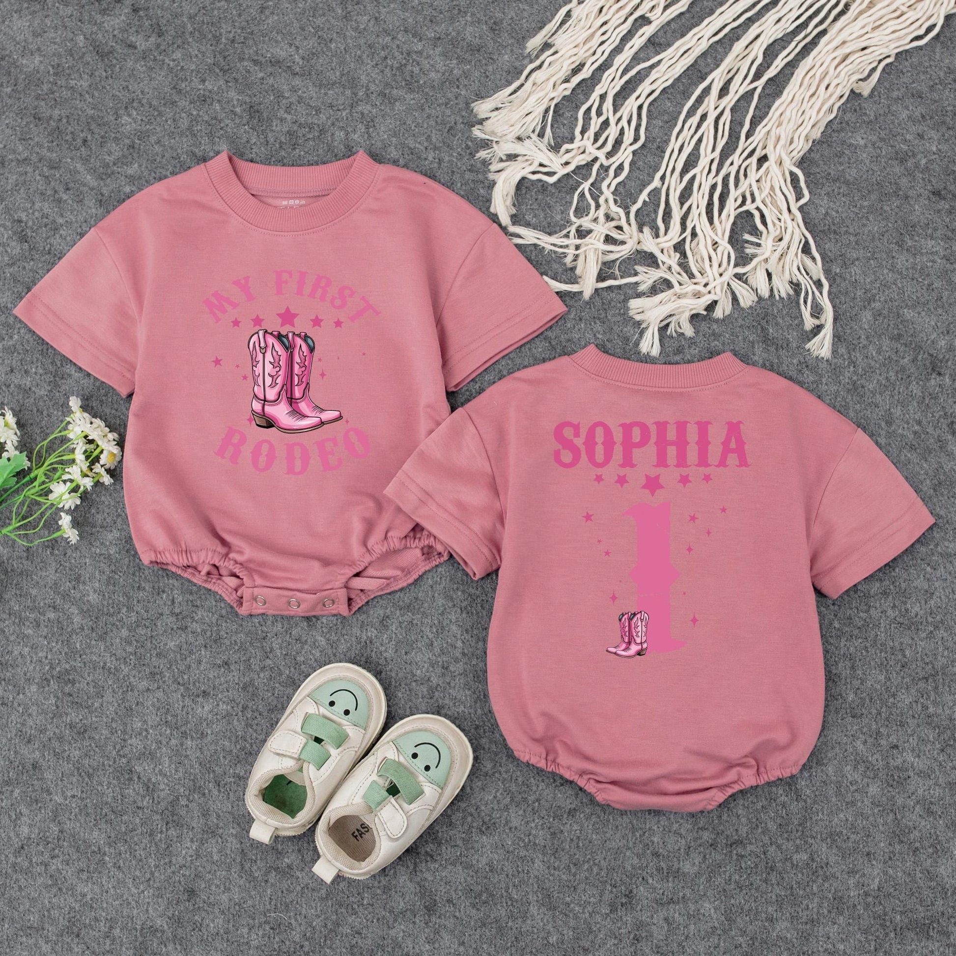 Custom First Rodeo Cowgirl Bubble Romper Pink Stars Cowboy Boots Birthday Outfit Baby Girl Clothes Retro Western