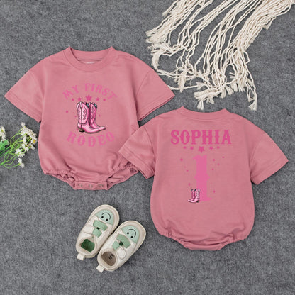 Custom First Rodeo Cowgirl Bubble Romper Pink Stars Cowboy Boots Birthday Outfit Baby Girl Clothes Retro Western