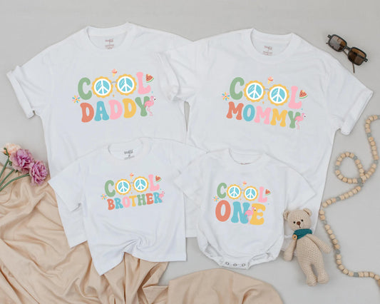 Groovy Family Birthday Shirts: Retro ONE Outfits for Mom, Dad, Baby, and Brother – Matching Summer Photo Look, Cool Hippie Vibes Peace Sign Tees (138 chars)