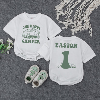 Personalized One Happy Camper Baby Romper Retro Rainbow First Birthday Outfit Adventure Baby Shower Gift Camping Theme