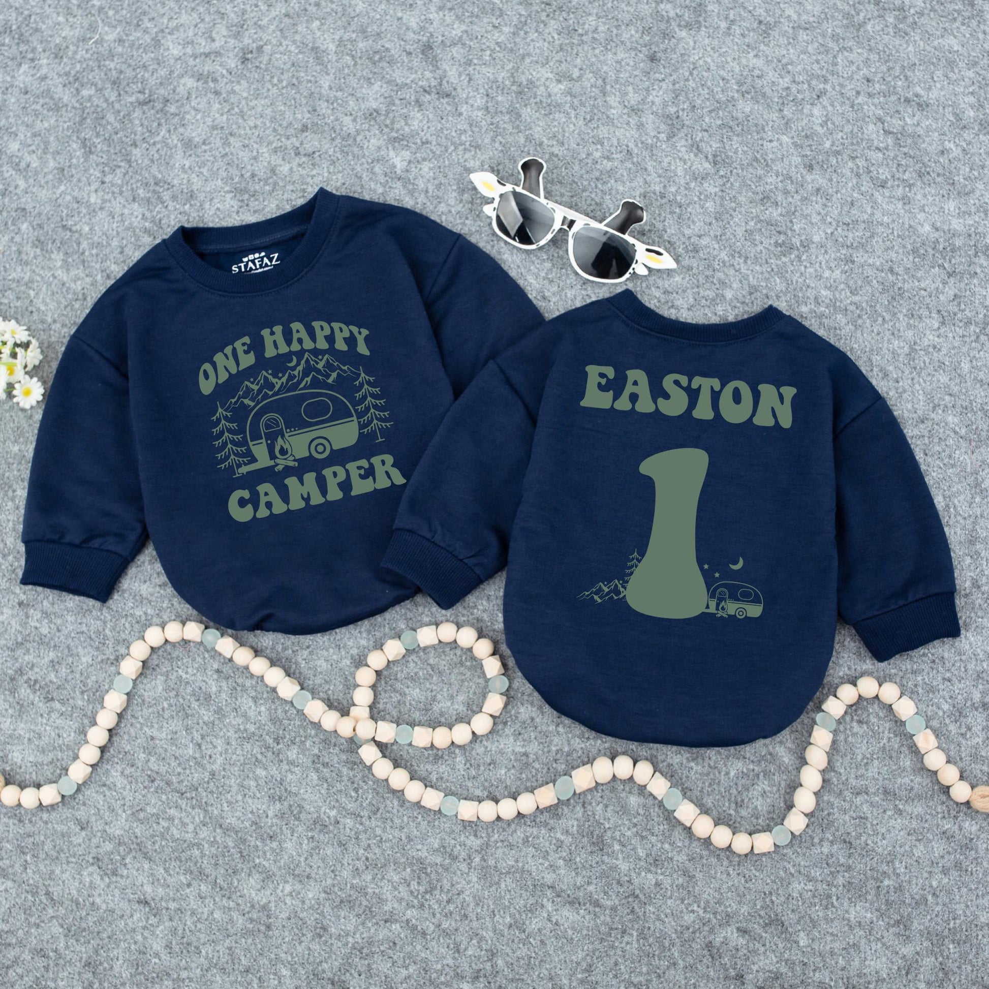 Personalized One Happy Camper Baby Romper Retro Rainbow First Birthday Outfit Adventure Baby Shower Gift Camping Theme