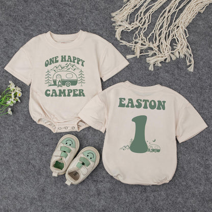 Personalized One Happy Camper Baby Romper Retro Rainbow First Birthday Outfit Adventure Baby Shower Gift Camping Theme