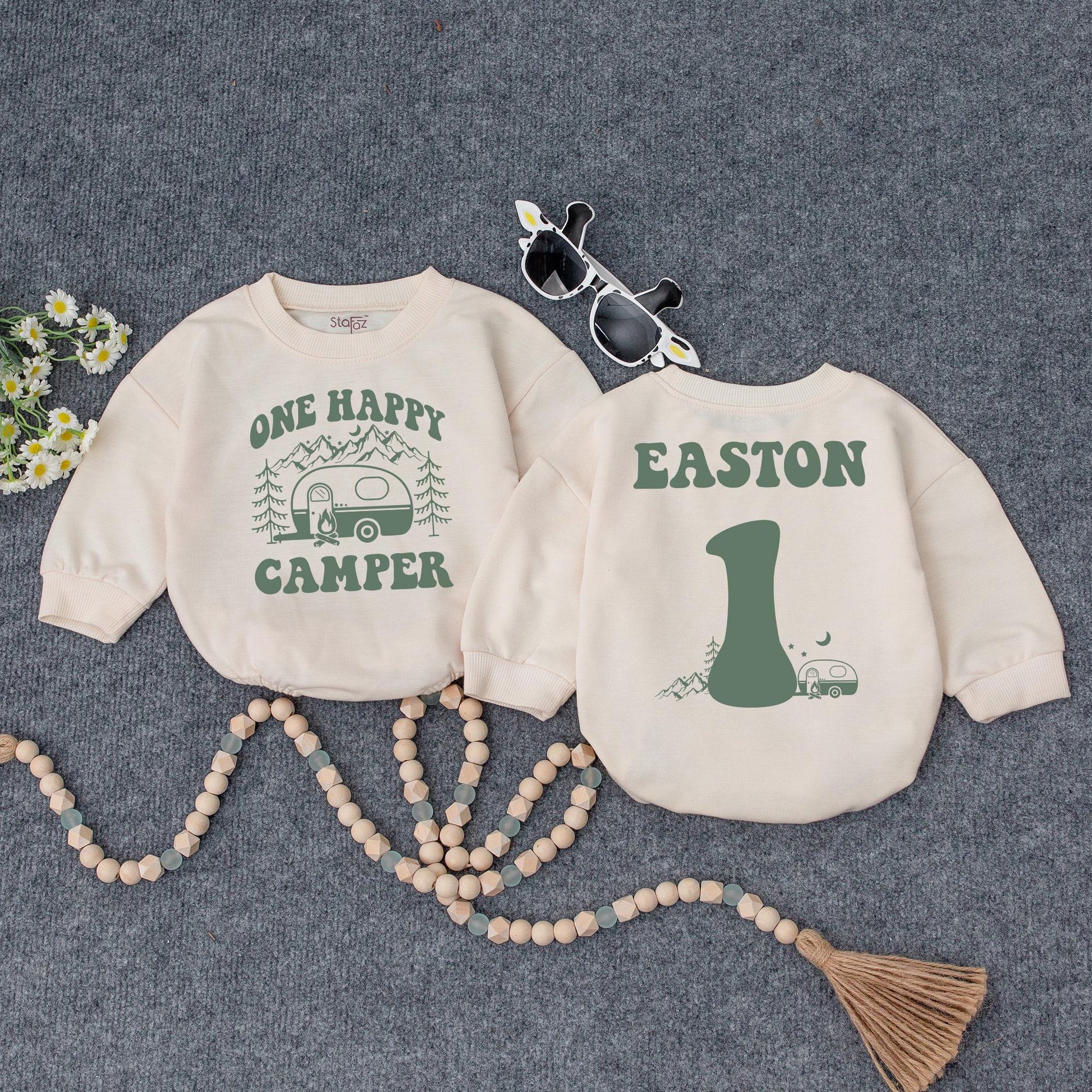 Personalized One Happy Camper Baby Romper Retro Rainbow First Birthday Outfit Adventure Baby Shower Gift Camping Theme