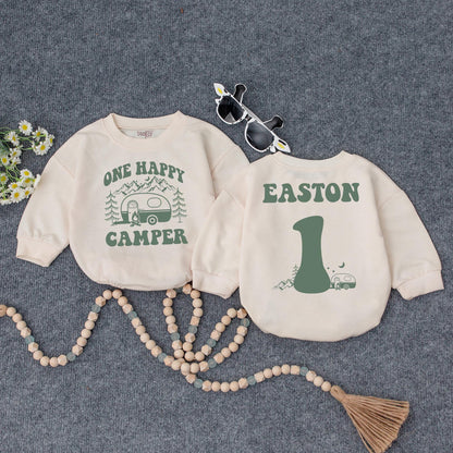 Personalized One Happy Camper Baby Romper Retro Rainbow First Birthday Outfit Adventure Baby Shower Gift Camping Theme