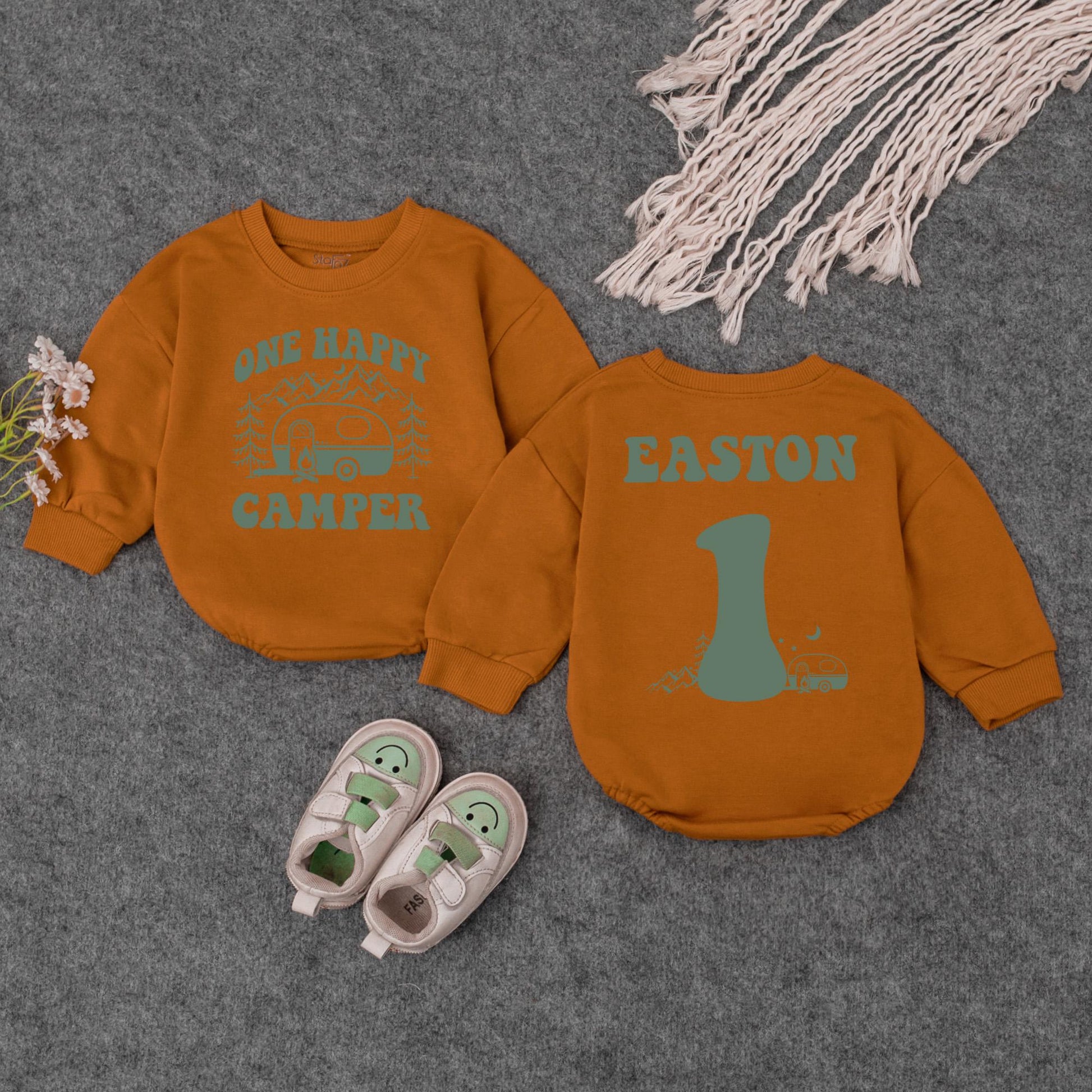 Personalized One Happy Camper Baby Romper Retro Rainbow First Birthday Outfit Adventure Baby Shower Gift Camping Theme
