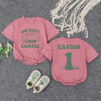 Personalized One Happy Camper Baby Romper Retro Rainbow First Birthday Outfit Adventure Baby Shower Gift Camping Theme