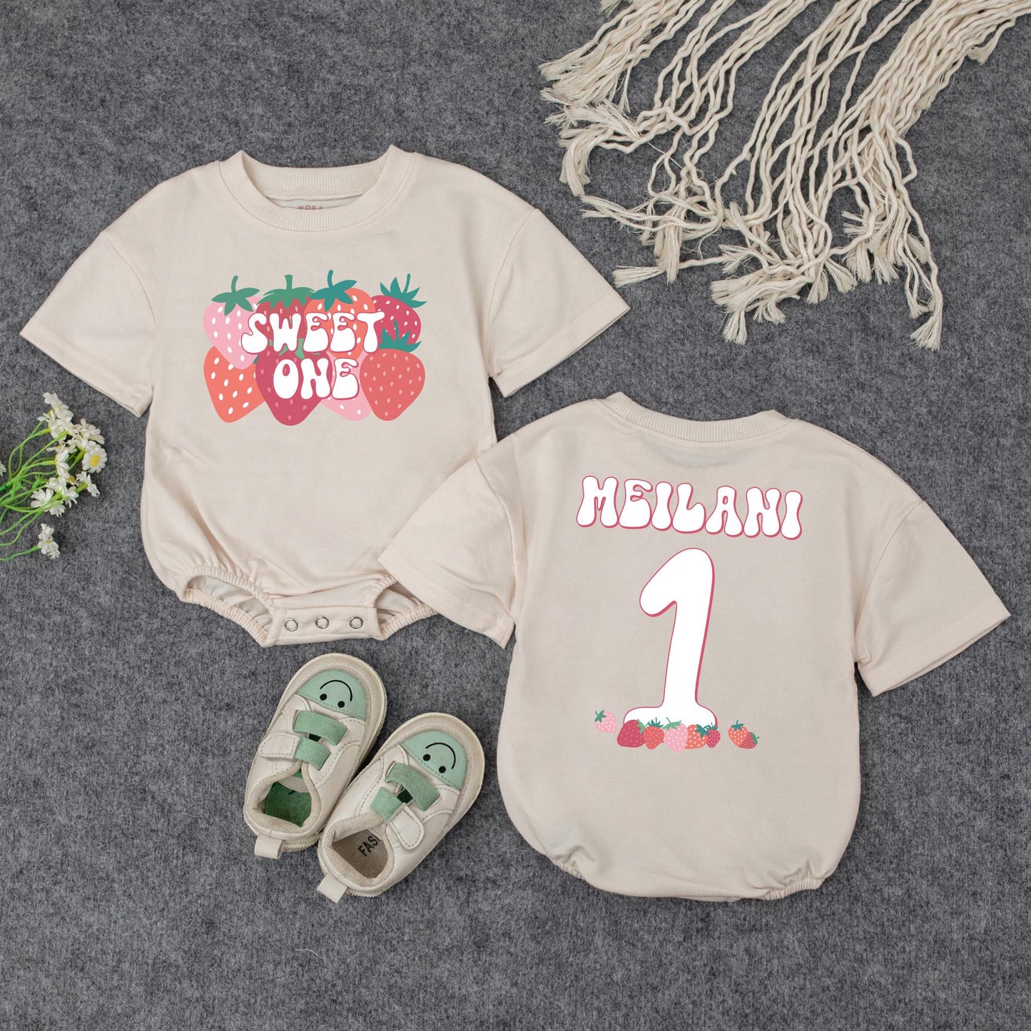 Sweet One Strawberry Birthday Romper for Baby Girl First Birthday Outfit Bubble Romper Adorable Berry Party Theme