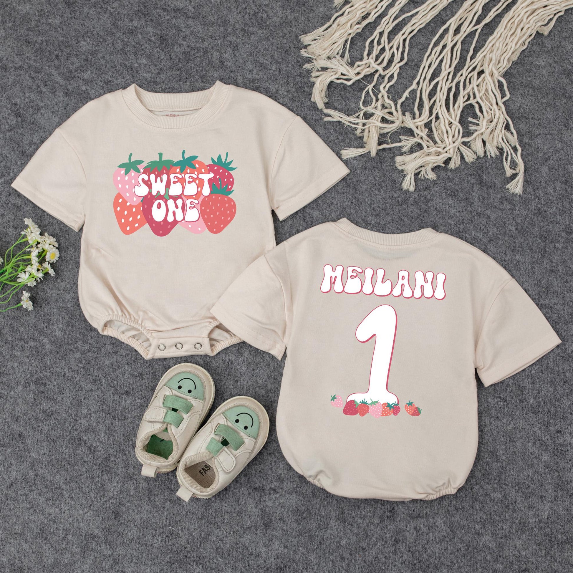 Sweet One Strawberry Birthday Romper for Baby Girl First Birthday Outfit Bubble Romper Adorable Berry Party Theme