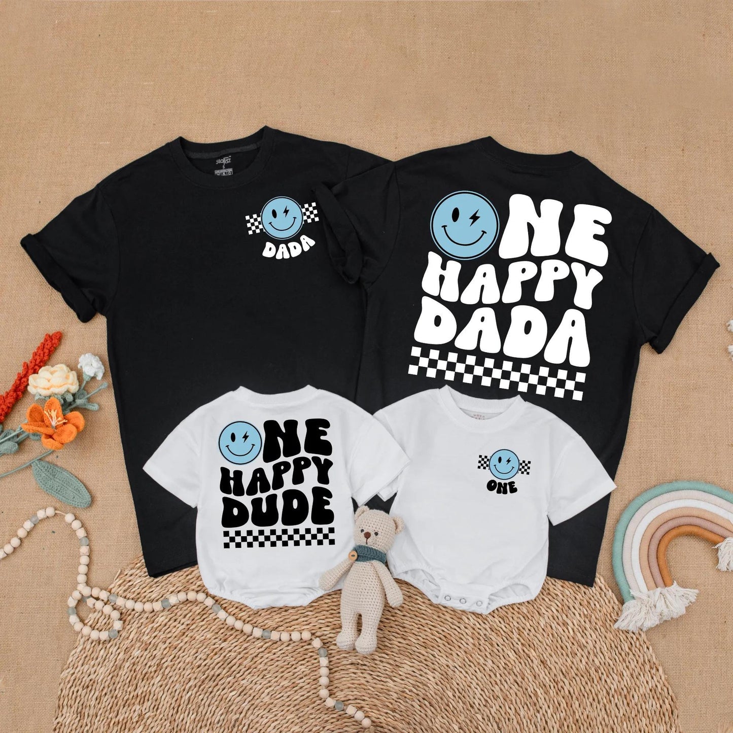 Blue One Happy Dude Birthday Matching Family Shirt Smiley Face First Birthday Outfit Toddler Boy Gift
