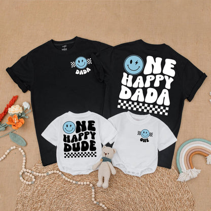 Blue One Happy Dude Birthday Matching Family Shirt Smiley Face First Birthday Outfit Toddler Boy Gift