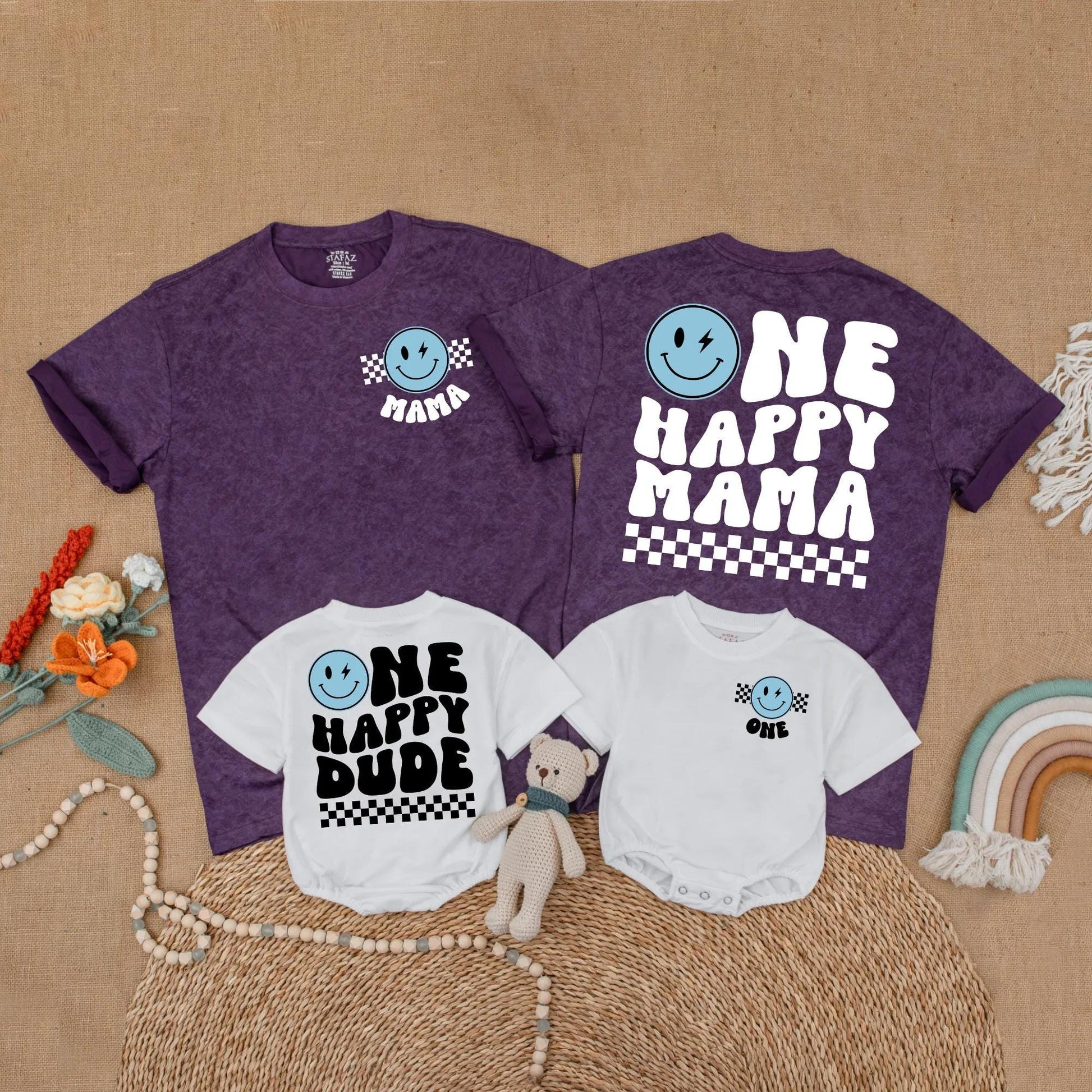 Blue One Happy Dude Birthday Matching Family Shirt Smiley Face First Birthday Outfit Toddler Boy Gift
