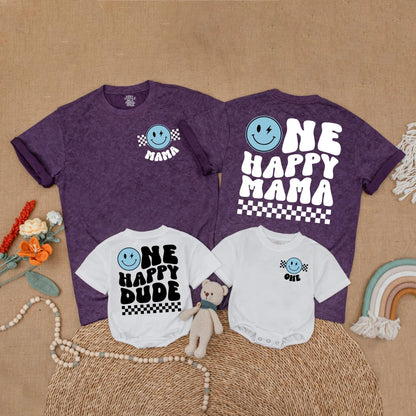 Blue One Happy Dude Birthday Matching Family Shirt Smiley Face First Birthday Outfit Toddler Boy Gift