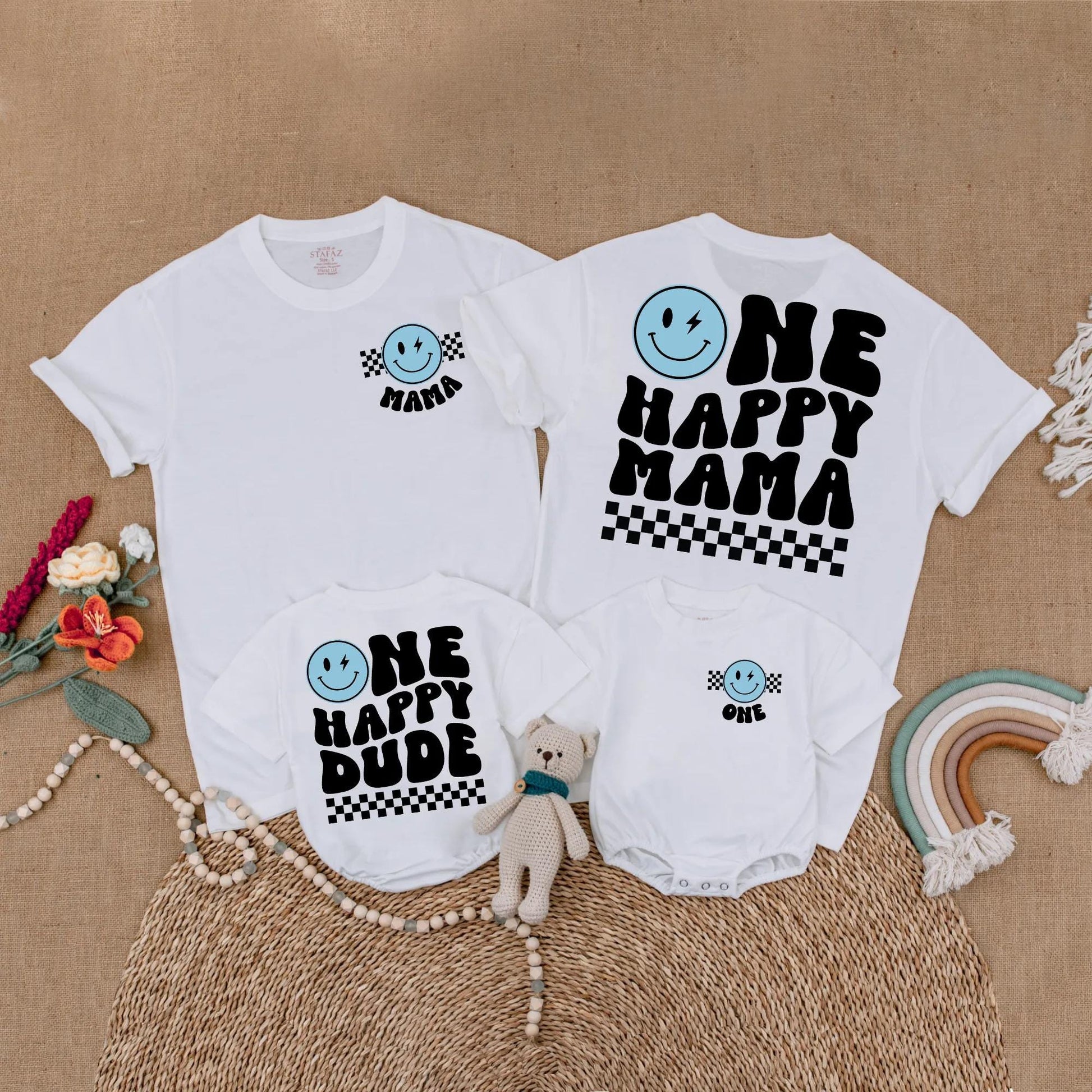 Blue One Happy Dude Birthday Matching Family Shirt Smiley Face First Birthday Outfit Toddler Boy Gift