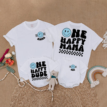 Blue One Happy Dude Birthday Matching Family Shirt Smiley Face First Birthday Outfit Toddler Boy Gift