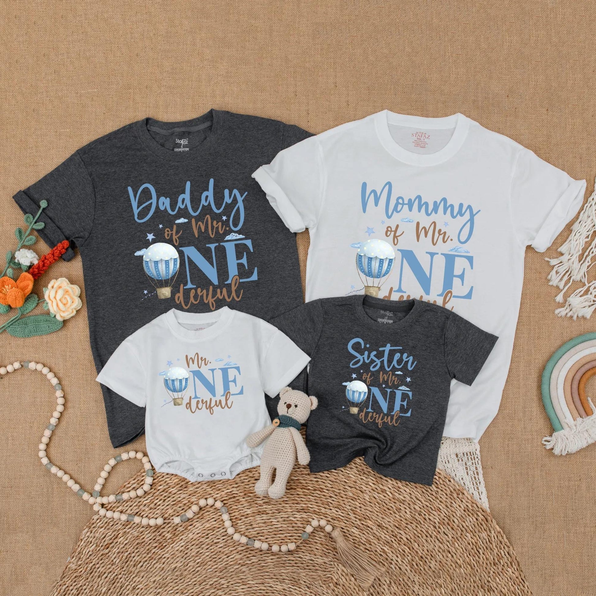 Mr Onederful Hot Air Balloon Birthday Matching Family Shirts, Mommy & Daddy Baby Boy 1st Birthday Outfit, Family Party Cotton Gift