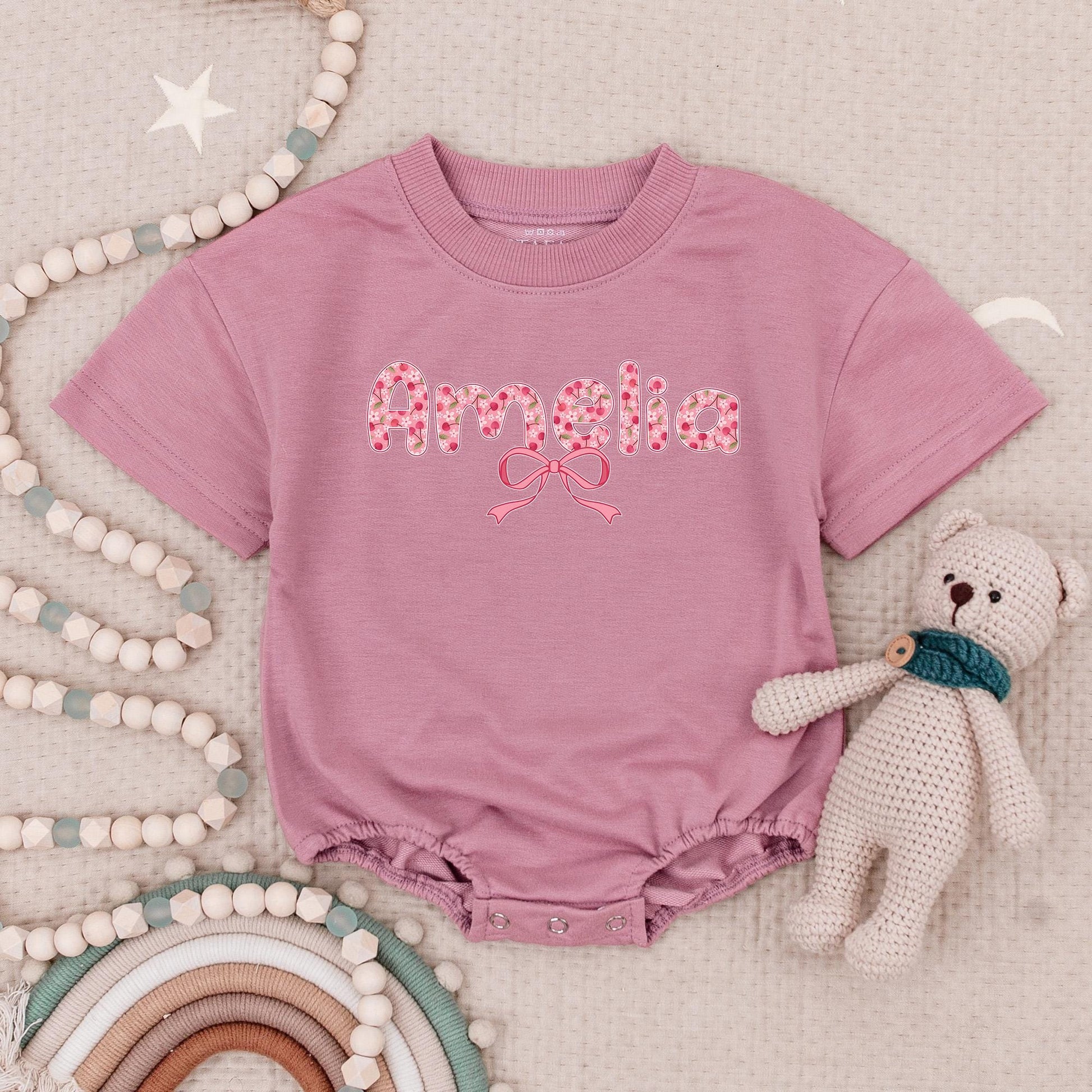 Amelia's Cherries & Bows Baby Romper, Personalized Pink Floral Girl Outfit, Cute First Birthday Bodysuit, Short Sleeve Summer Clothing 138 Chars