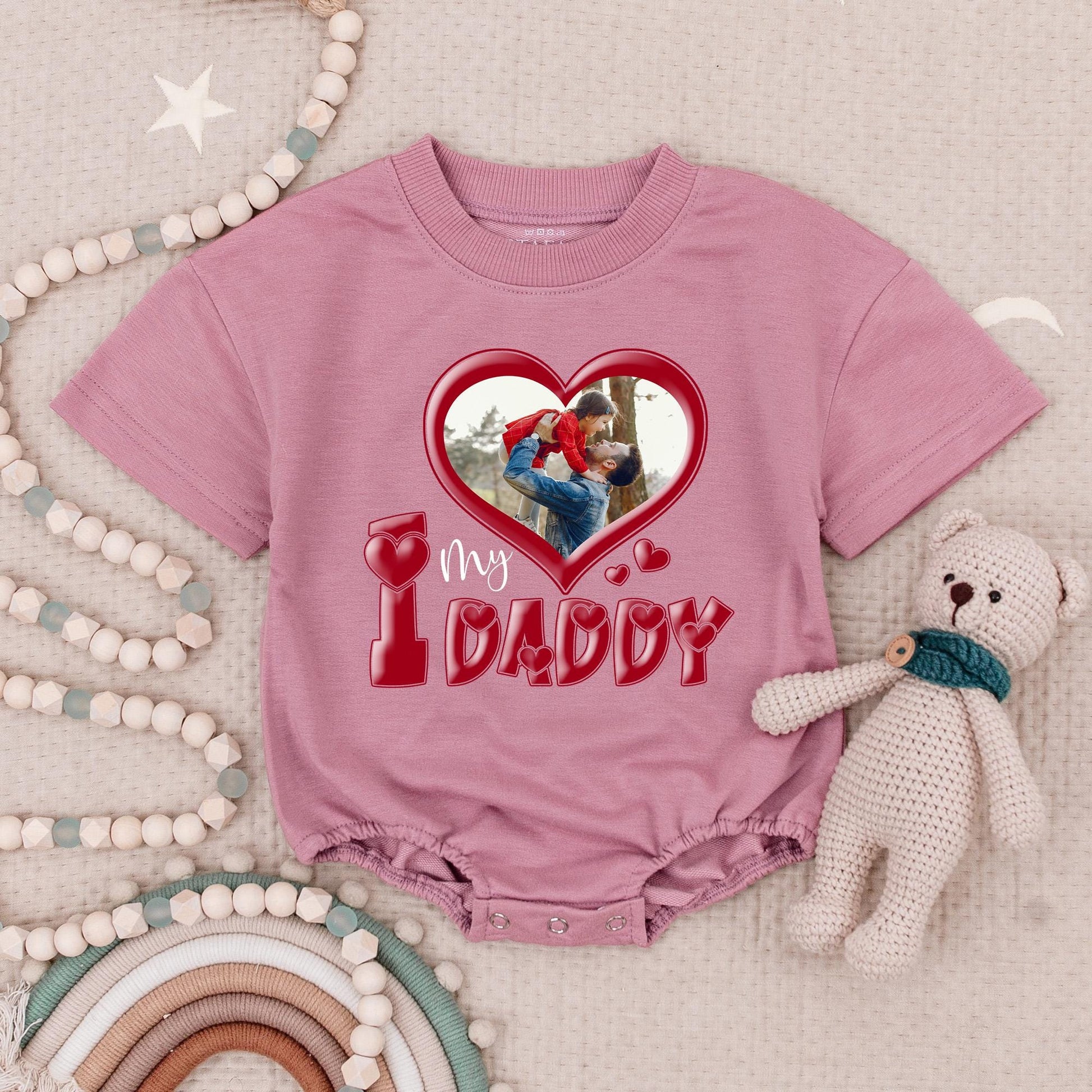 Custom Photo "I Love My Daddy" Baby Romper, Personalized Dad & Child Picture Bodysuit, Heart Frame Kids Apparel, Newborn Gift, Your Photo Here, Soft Cotton (137 chars)