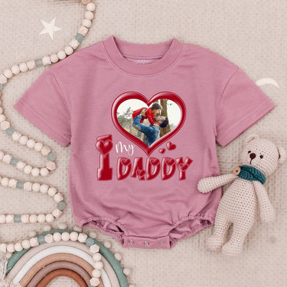 Custom Photo "I Love My Daddy" Baby Romper, Personalized Dad & Child Picture Bodysuit, Heart Frame Kids Apparel, Newborn Gift, Your Photo Here, Soft Cotton (137 chars)