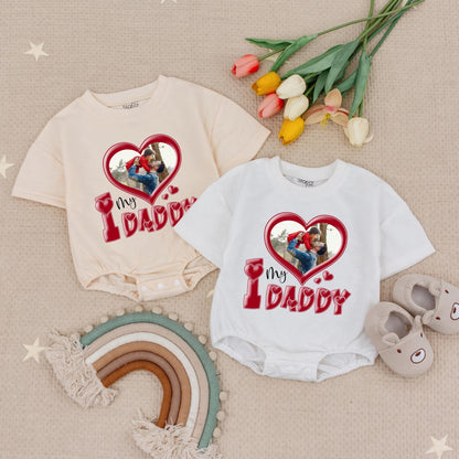 Custom Photo "I Love My Daddy" Baby Romper, Personalized Dad & Child Picture Bodysuit, Heart Frame Kids Apparel, Newborn Gift, Your Photo Here, Soft Cotton (137 chars)