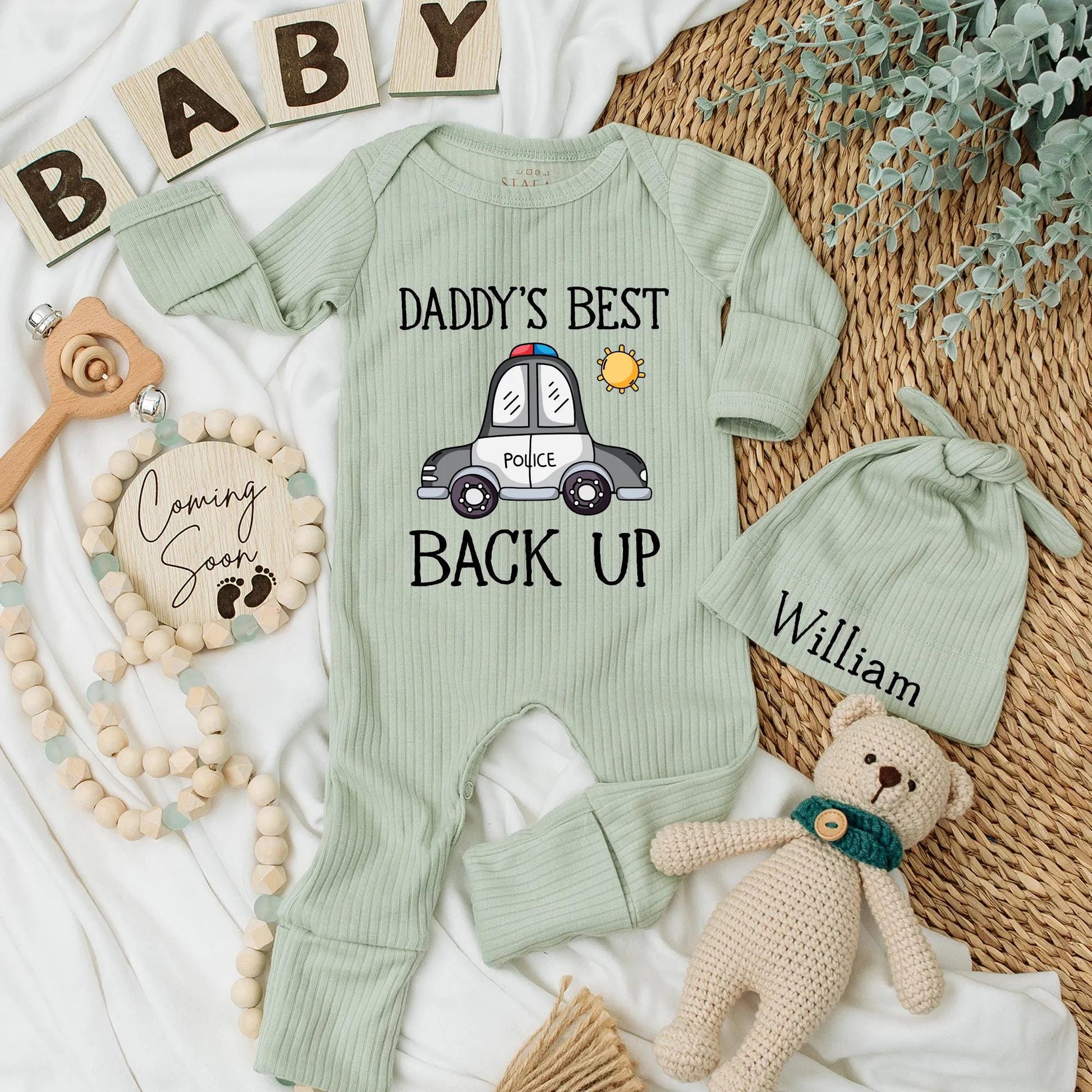 Daddy's Best Backup Police Baby Bodysuit - Future Cop Ribbed Romper, Cute New Dad Gift, Police Baby Boy Outfit, Coming Home Outfit, Soft Cotton Blend (138 chars)