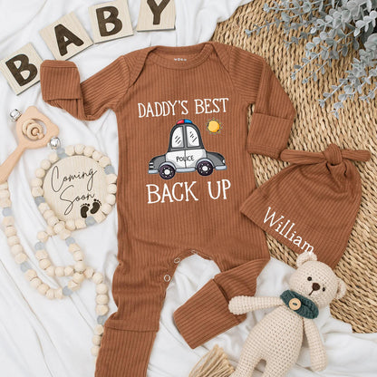 Daddy's Best Backup Police Baby Bodysuit - Future Cop Ribbed Romper, Cute New Dad Gift, Police Baby Boy Outfit, Coming Home Outfit, Soft Cotton Blend (138 chars)