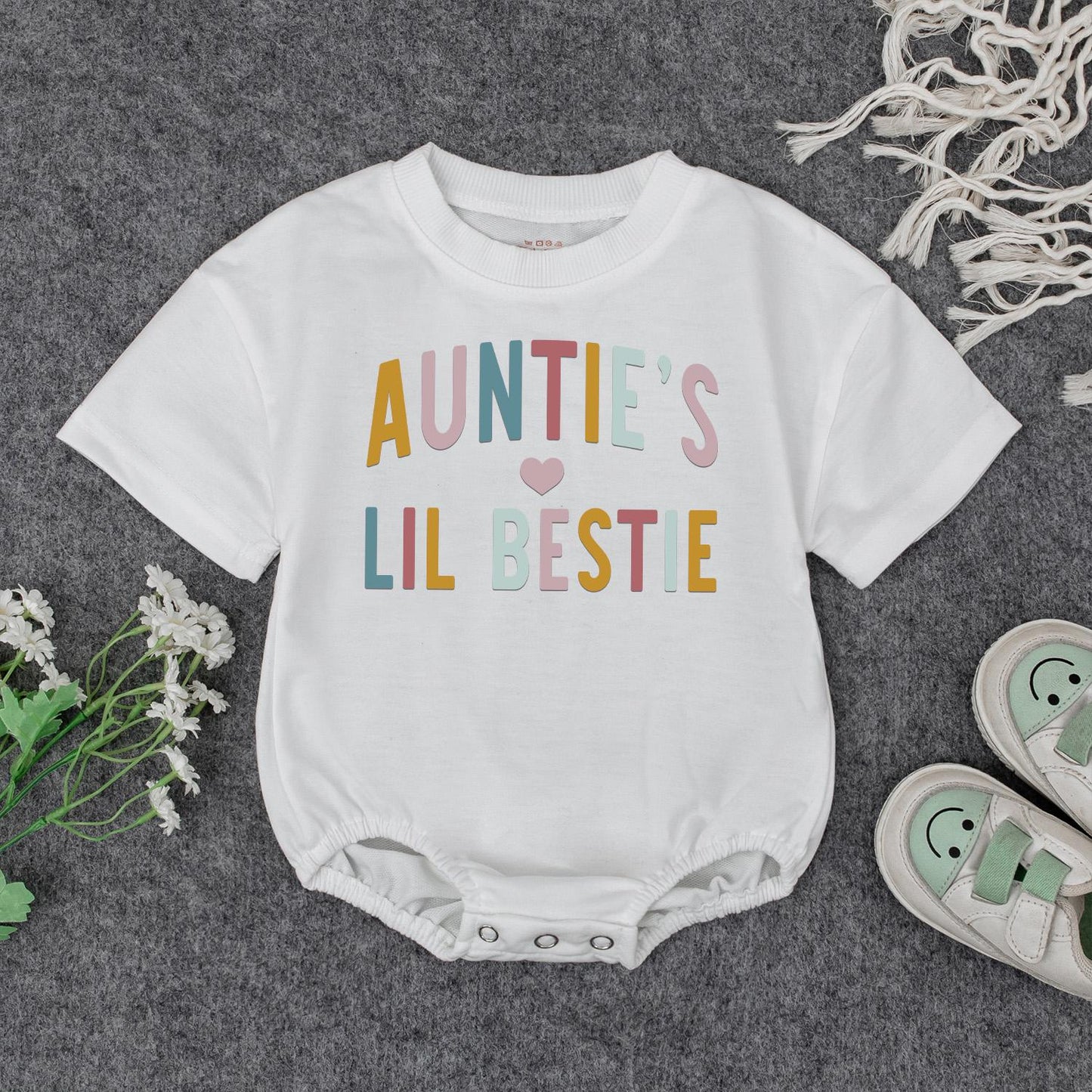 Auntie's Lil Bestie Newborn Baby Romper Gift from Auntie, soft comfortable cotton bodysuit featuring sweet handwriting for shower or pregnancy announcement