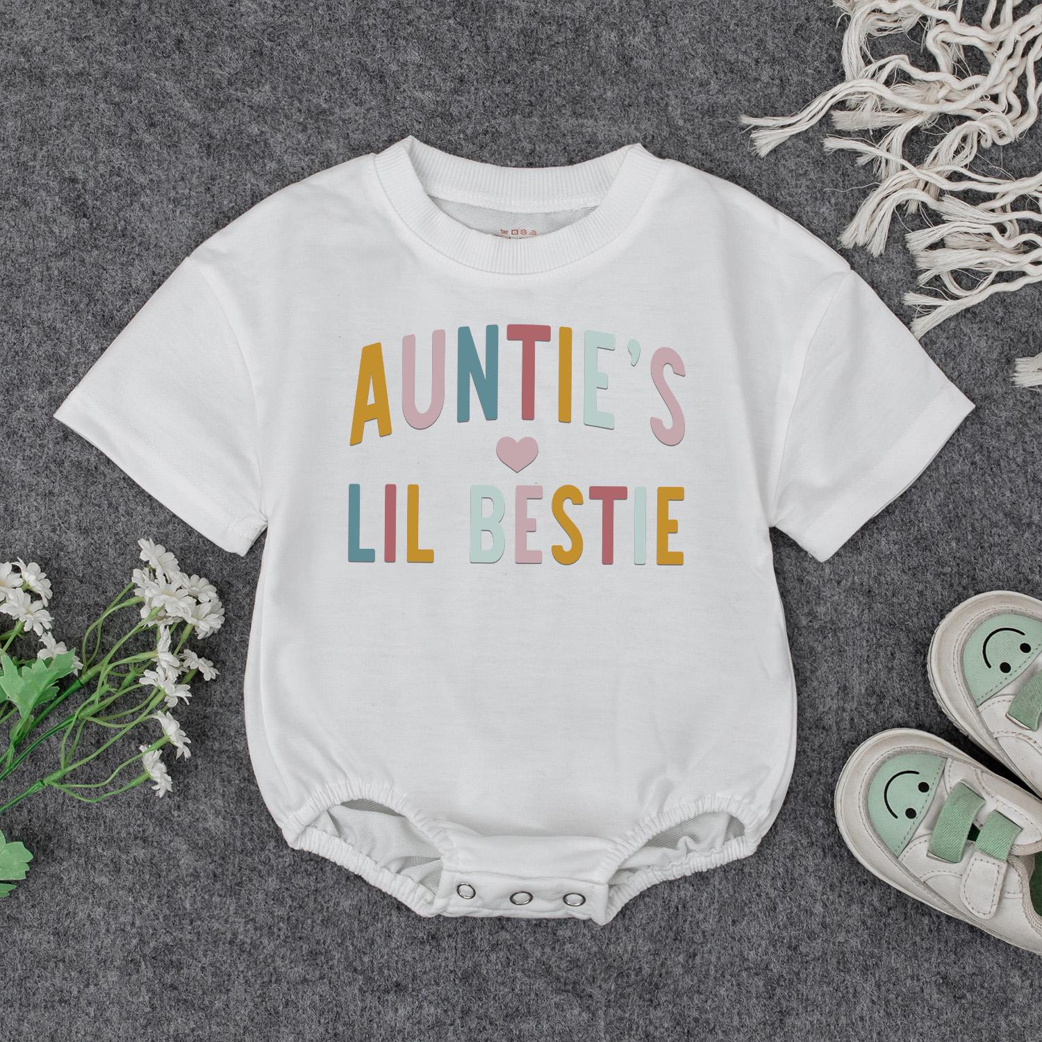 Auntie's Lil Bestie Newborn Baby Romper Gift from Auntie, soft comfortable cotton bodysuit featuring sweet handwriting for shower or pregnancy announcement