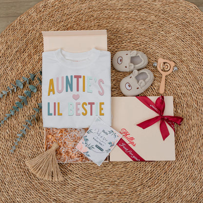 Auntie's Lil Bestie Newborn Baby Romper Gift from Auntie, soft comfortable cotton bodysuit featuring sweet handwriting for shower or pregnancy announcement