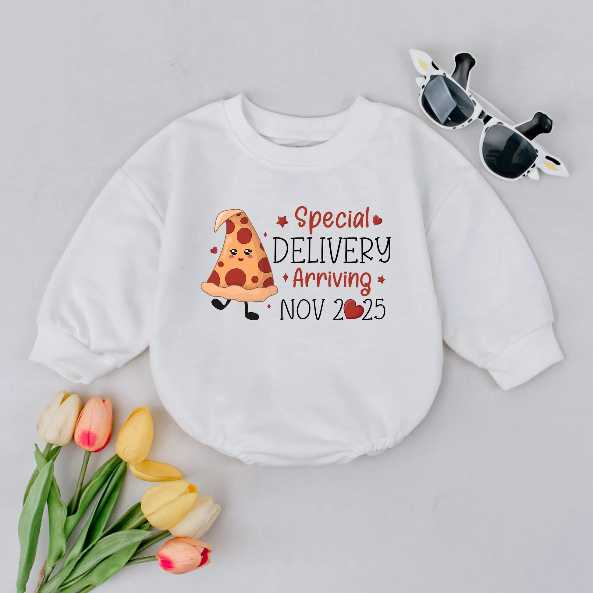 Custom Date Special Delivery Pizza Baby Announcement Romper Soft Cotton Newborn Outfit Expecting Mom Gift Shower