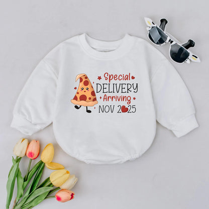 Custom Date Special Delivery Pizza Baby Announcement Romper Soft Cotton Newborn Outfit Expecting Mom Gift Shower